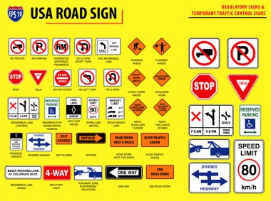 ABD yol işaret kümesi. (Düzenleyici işaretleri ve geçici trafik kontrol işaretleri). değişiklik yapmak kolay