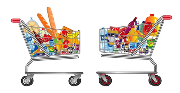 Conjunto de carrito de compras aislado lleno de alimentos, frutas, productos y mercancías de comestibles . — Vector de stock