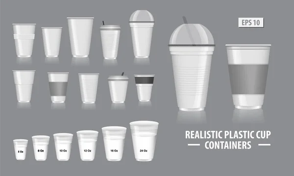Set realistischer Becherbehälter, mit klarem Kunststoff in Einwegbechern, für Limonade, Tee, Kaffee und andere kalte Getränke. — Stockvektor