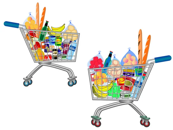 Soubor izolovaného nákupního vozíku plného potravin, ovoce, výrobků a zboží z potravin. — Stockový vektor