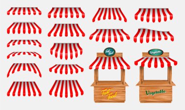 set of awing with wooden market stand stall and various kiosk, with red and white striped awning isolated.   clipart