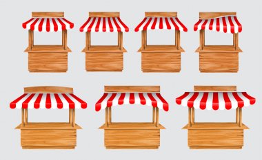 ahşap pazar standı tezgah ve çeşitli kiosk ile awing seti, kırmızı ve beyaz çizgili tente izole ile.  