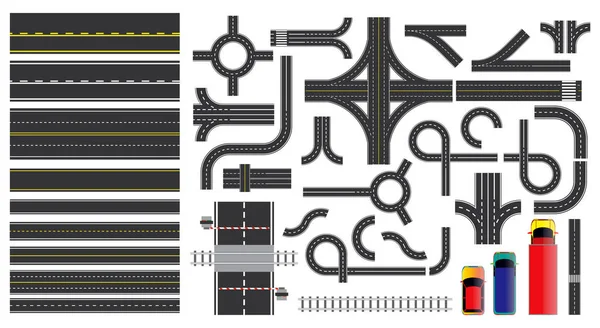 Jogo das peças da estrada com linha tracejada, marcação da beira da estrada, junção das intersecções e crosswalk . — Vetor de Stock