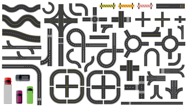 Set of road parts with dashed line, roadside marking, intersections junction and crosswalk — Stock Vector