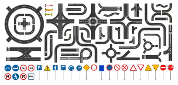 Set of road sign and road parts with dashed line, roadside marking, intersections junction and crosswalk. — Stock Vector