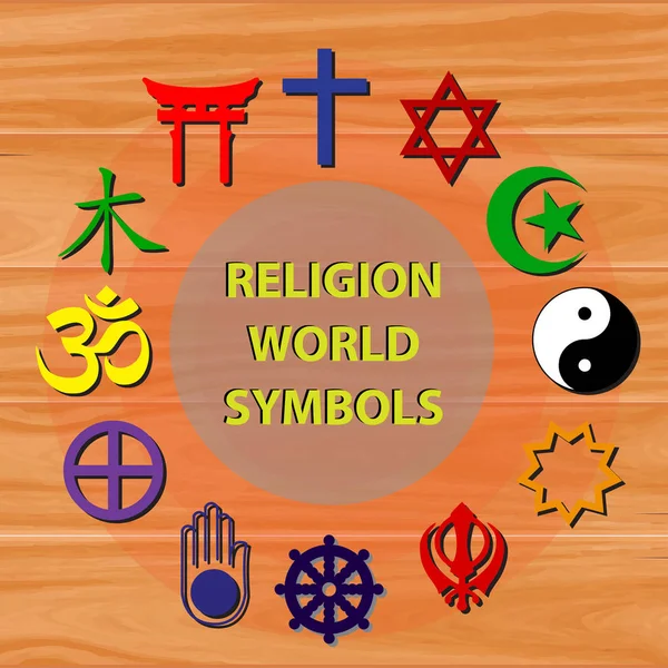 world religion symbols colored signs of major religious groups and religions at   wooden background.