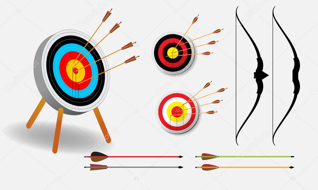 set of archery target with arrows in white background isolated 