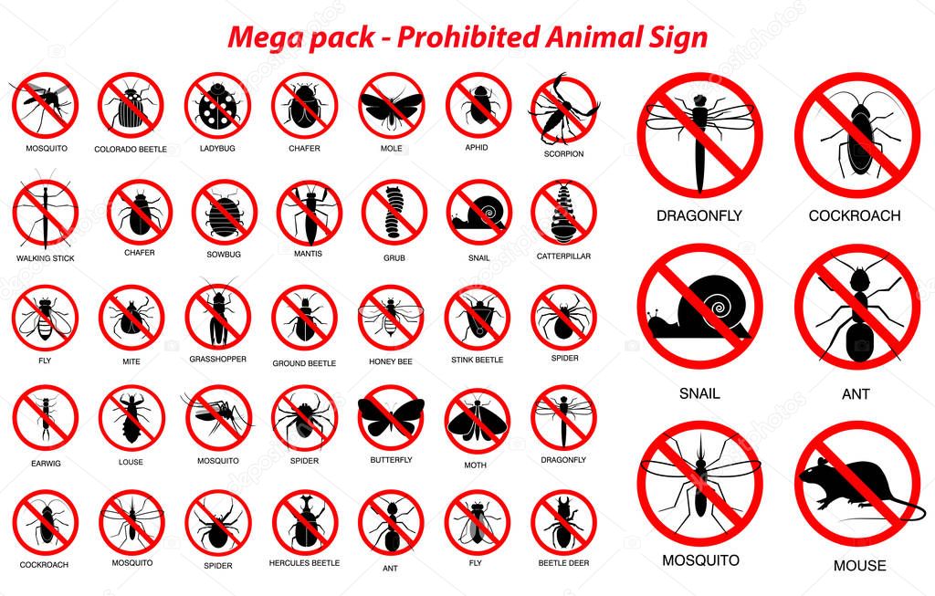 set of various insect and animals prohibited in silhouette, with insect name.   easy to modify