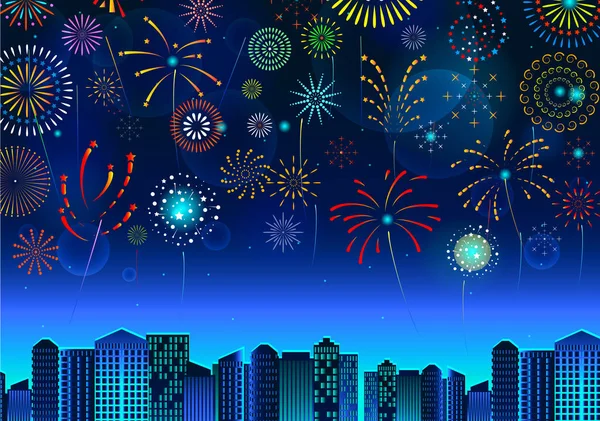 Σύνολο των πυροτεχνημάτων εορταστική εμφάνιση πάνω από το αστικό τοπίο, τη νύχτα μπλε ουρανό σκηνή διακοπές ή γιορτή. — Διανυσματικό Αρχείο