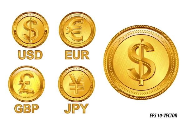 Famous world currencies in golden coin concept. — Stock Vector