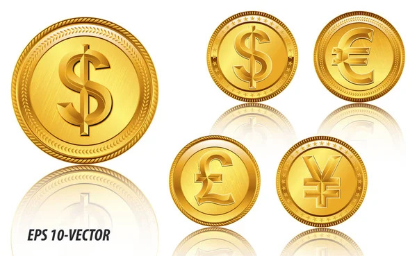 Moedas mundiais famosas na sombra conceito de moeda de ouro . — Vetor de Stock