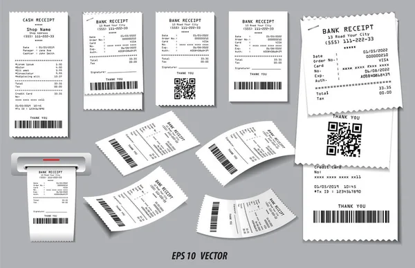 Set of register sale receipt or cash receipt printed on white paper concept. — Stock Vector