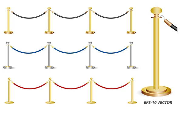 Комплект из золотой баррикады или стоять барьерной веревки изолированы — стоковый вектор