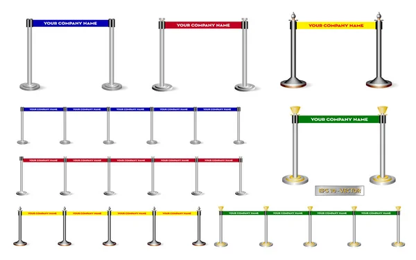 Sada zlaté barikády nebo stojan bariérové lano izolované. — Stockový vektor