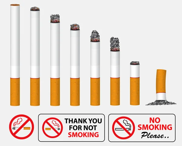 Conjunto de cigarrillos realistas humeante en una línea y no fumar signo . — Archivo Imágenes Vectoriales
