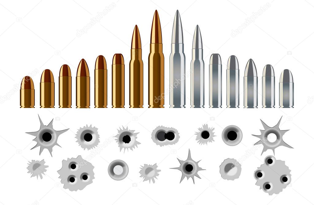 set of bullet shot holes and types of rifle pistol ammunition in gold and silver color.  