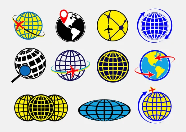 Ensemble de monde globe terrestre icône ou globe planète géographique icône ou avion globe — Image vectorielle