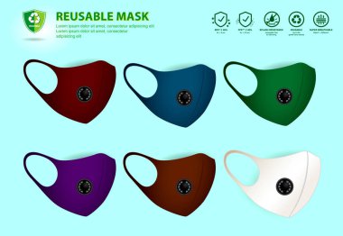 Kumaş maskeli resimleme seti ya da yıkanabilir maske pamuğu ya da sıvıya dayanıklı moda maskesi ya da yeni normal yaşam tarzı konsepti. 10 vektör, değiştirmesi kolay