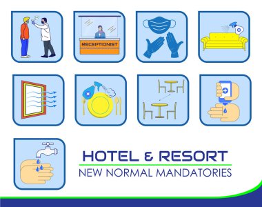 Otel yeni kural posterleri ya da covid-19 için halk sağlığı uygulamaları ya da sağlık ve güvenlik protokolleri ya da yeni normal yaşam tarzı konsepti. 10 vektör, değiştirmesi kolay
