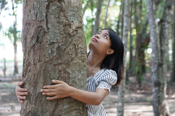 Asiatische Frauen Umarmen Bäume Das Konzept Der Liebe Für Die — Stockfoto