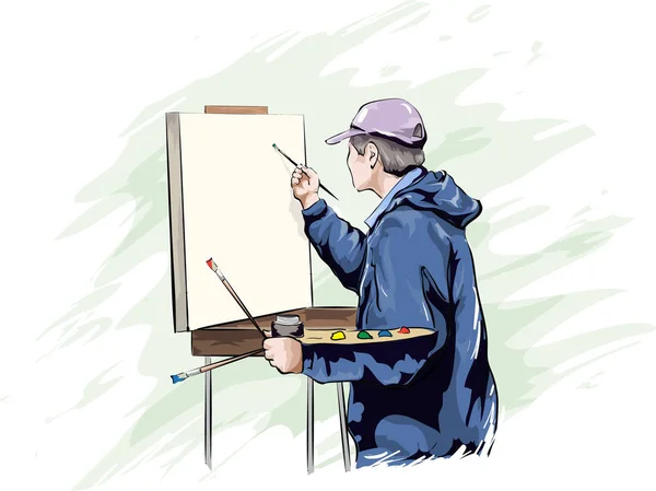 Drawing artist near the easel — Stock Vector