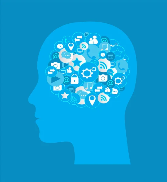 Inteligencia Artificial Cabeza Humana Con Iconos Redes Sociales Azul — Vector de stock