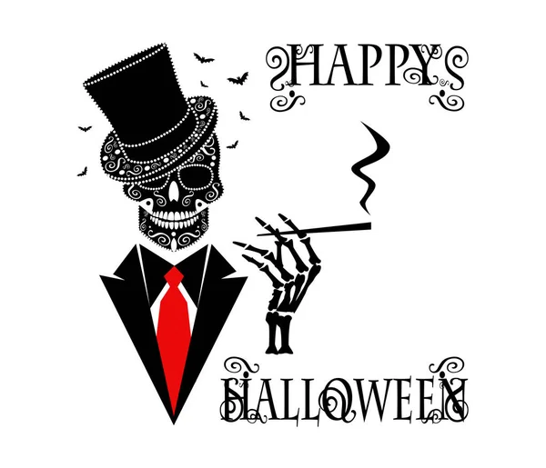 Feliz Halloween Fundo Ícone Crânio Cavalheiros Com Cigarro — Vetor de Stock