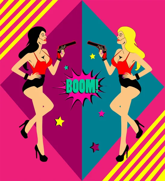 Fondo Arte Pop Con Dos Niñas Armas — Vector de stock