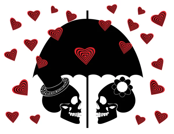 Cranio Icona Matrimonio Coppia Sfondo Con Ombrello Cuore Pioggia — Vettoriale Stock