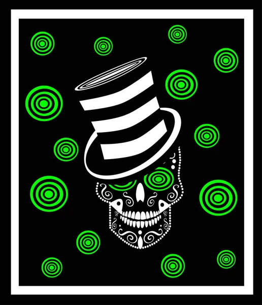 Totenkopf Symbol Mit Zylinderhut Illusionshintergrund Mit Neongrüner Farbe — Stockvektor