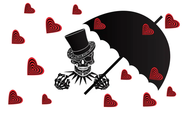 Šťastný Valentýna Pozadí Lebka Pánové Deštníkem Červené Srdce — Stockový vektor