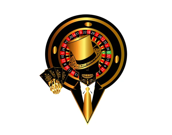Casino Logotipo Fundo Com Crânio Smoking Roleta Roda Desenhos Animados — Vetor de Stock