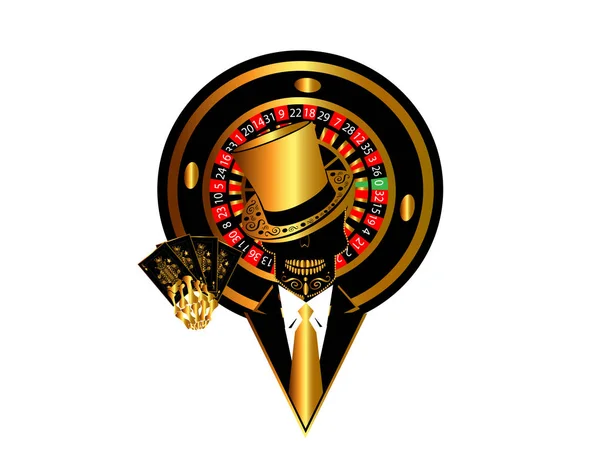 Casino logo arka plan ile kafatası smokin ve rulet tekerlek, çizgi film