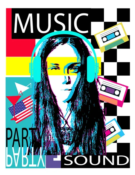ヘッドフォン アメリカ国旗とカセット テープを持つ少女と パーティーの背景 — ストックベクタ