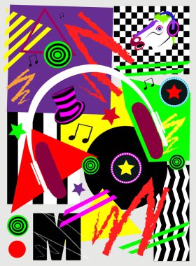 Arka plan, uzun çalma Lp ve at kafası bir kulaklık ile müzik pop sanat,