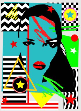Pop art geometrik arka plan ile bir kız siluet 
