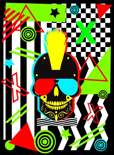 Punk Schedel Pictogram Met Popart Kleurrijke Achtergrond Vectorillustratie — Stockvector