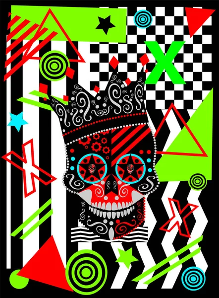 Kral kafatası simgesiyle renkli neon pop sanat zig zag, küpler ve çizgili arka plan, vektör 