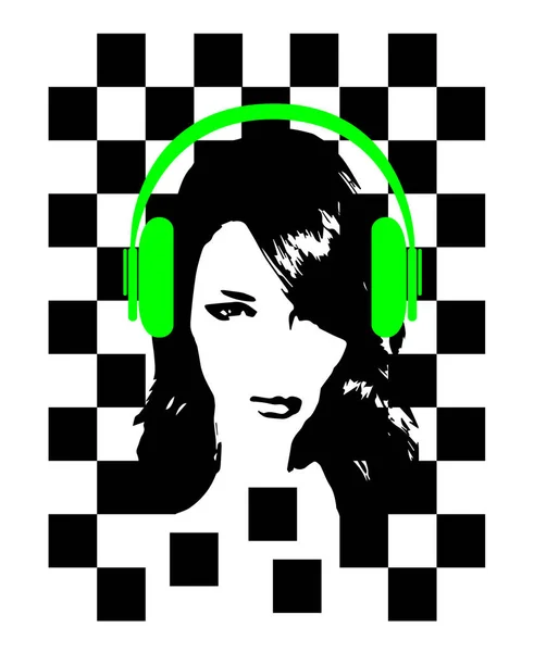 女の子とヘッドフォンの音楽 Backgorund を打つ ネオン グリーン色と黒と白のキューブ ベクトル イラスト — ストックベクタ