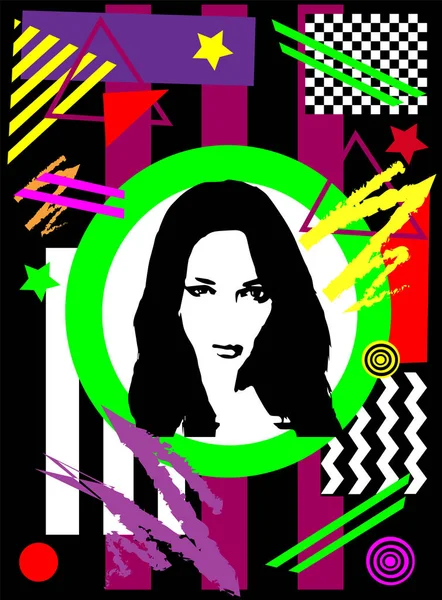 Schwarz Weißes Mädchen Grünem Rahmen Geometrischer Farbenfroher Hintergrund — Stockvektor