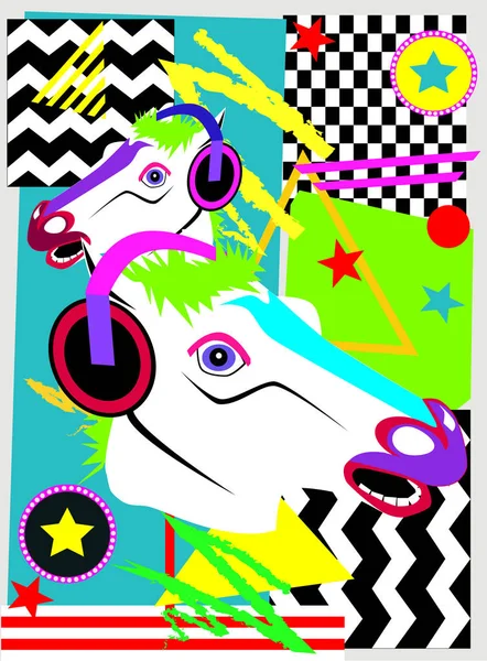 馬の頭とヘッドフォンビート 音楽ポップアートネオンの背景を持つ抽象的な背景 — ストックベクタ