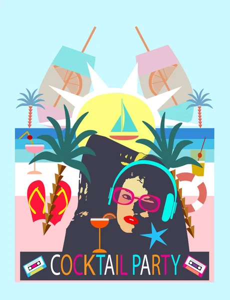 Fondo Fiesta Cóctel Con Una Chica Palmera Playa Auriculares Bebidas — Vector de stock
