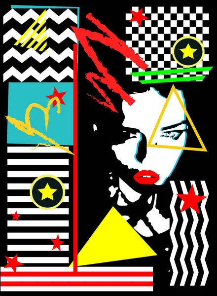 Chica Con Labios Rojos Moderno Fondo Arte Pop Con Colores — Vector de stock