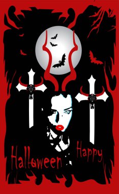 Mezarlık ve yarasalar, kırmızı ve siyah kız ile Mutlu Cadılar Bayramı arka plan