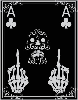 Kafatası simgesi süsler ve orta parmaklar yukarı, Siyah beyaz arka plan ile Poker Kartı 