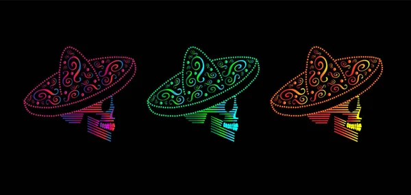 Mexikanische Totenkopf Ikonen Mit Sombrero Neonfarben — Stockvektor