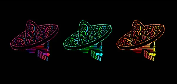 Icônes Crâne Mexicain Avec Sombrero Couleurs Fluo — Image vectorielle