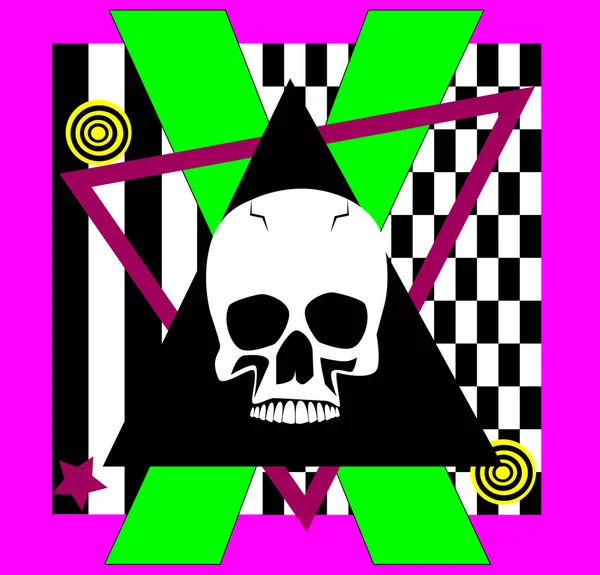 黒三角形 ネオン文字Xと黒と白のモザイクと頭蓋骨のアイコンの背景 — ストックベクタ