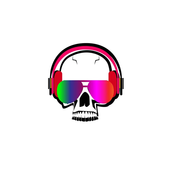 3 boyutlu kafatası ikonu, neon güneş gözlüğü ve pembe kulaklıklı müzik dinliyor. 