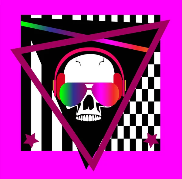 Skull Icon White Color Neon Sunglasses Pink Headphones Listening Music — ストックベクタ